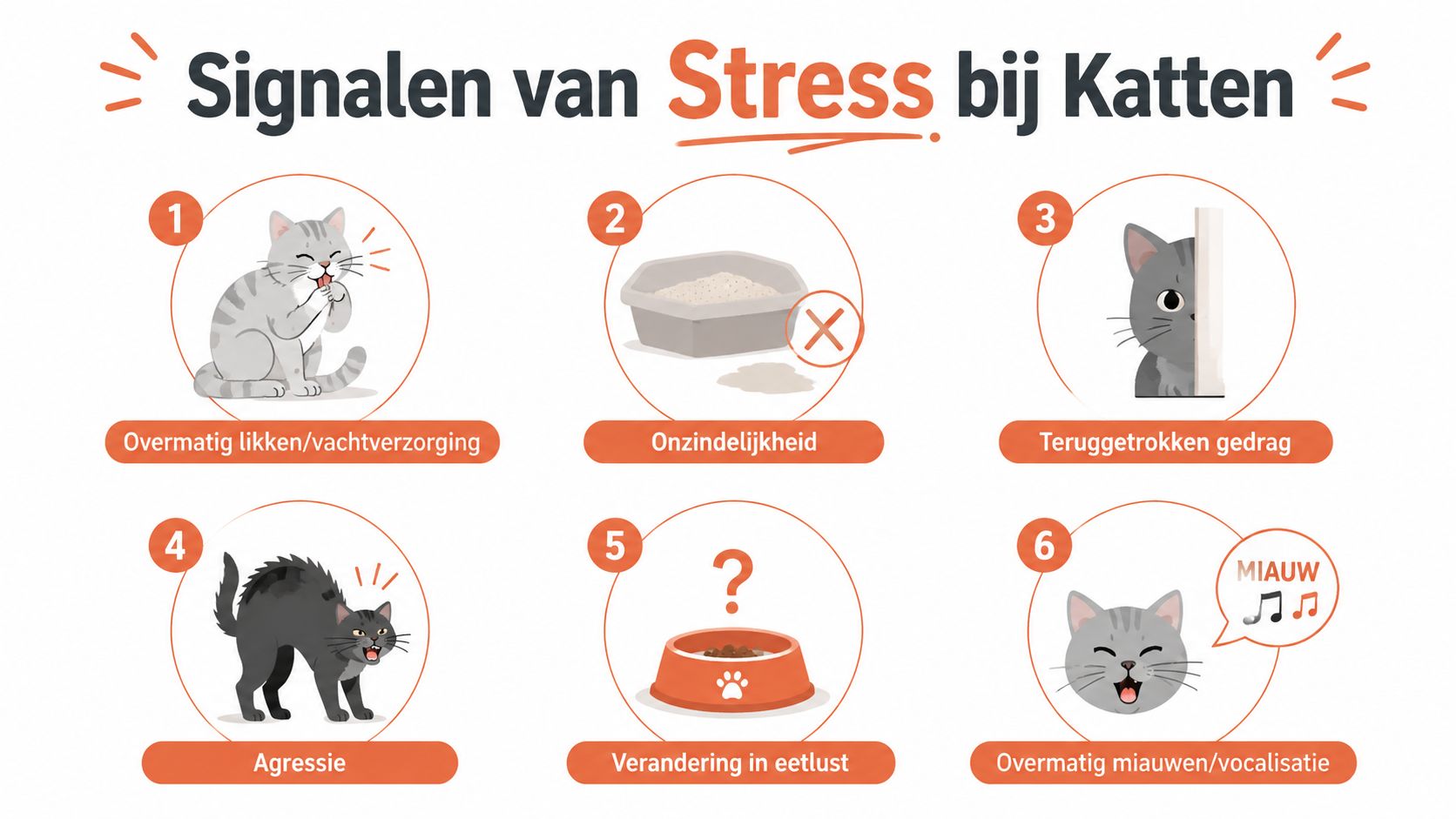 Een informatieve afbeelding met zes veelvoorkomende symptomen van stress bij katten, zoals gedragsveranderingen en lichamelijke signalen.