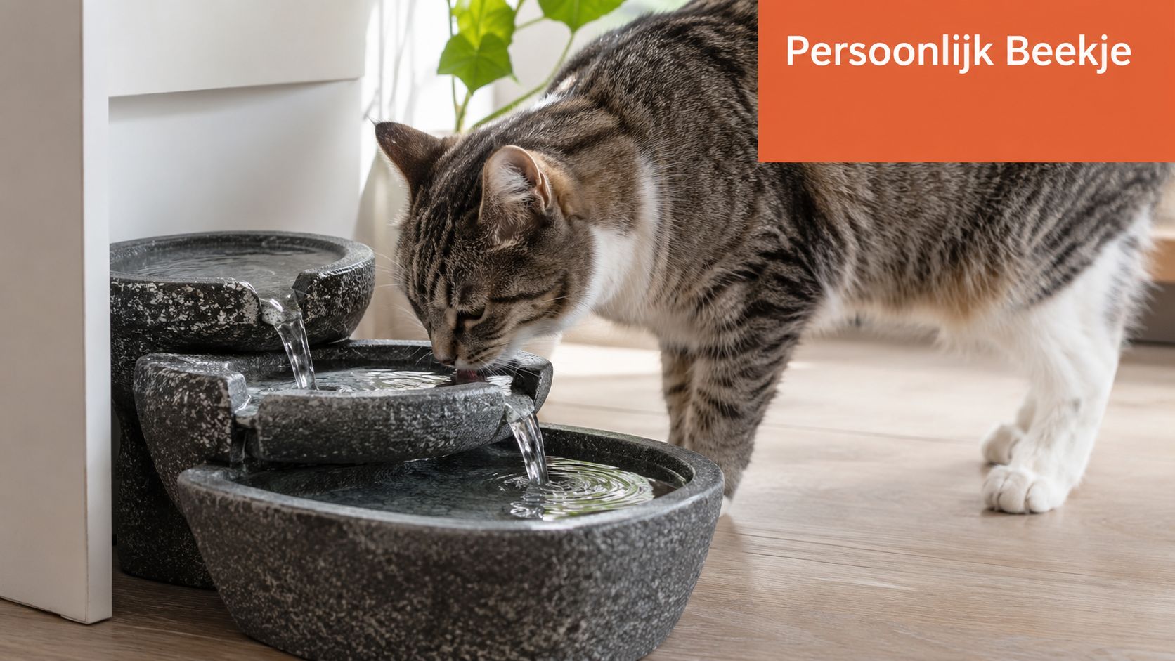Een grijze gestreepte kat drinkt uit een decoratieve stenen waterfontein met drie niveaus op een houten vloer.