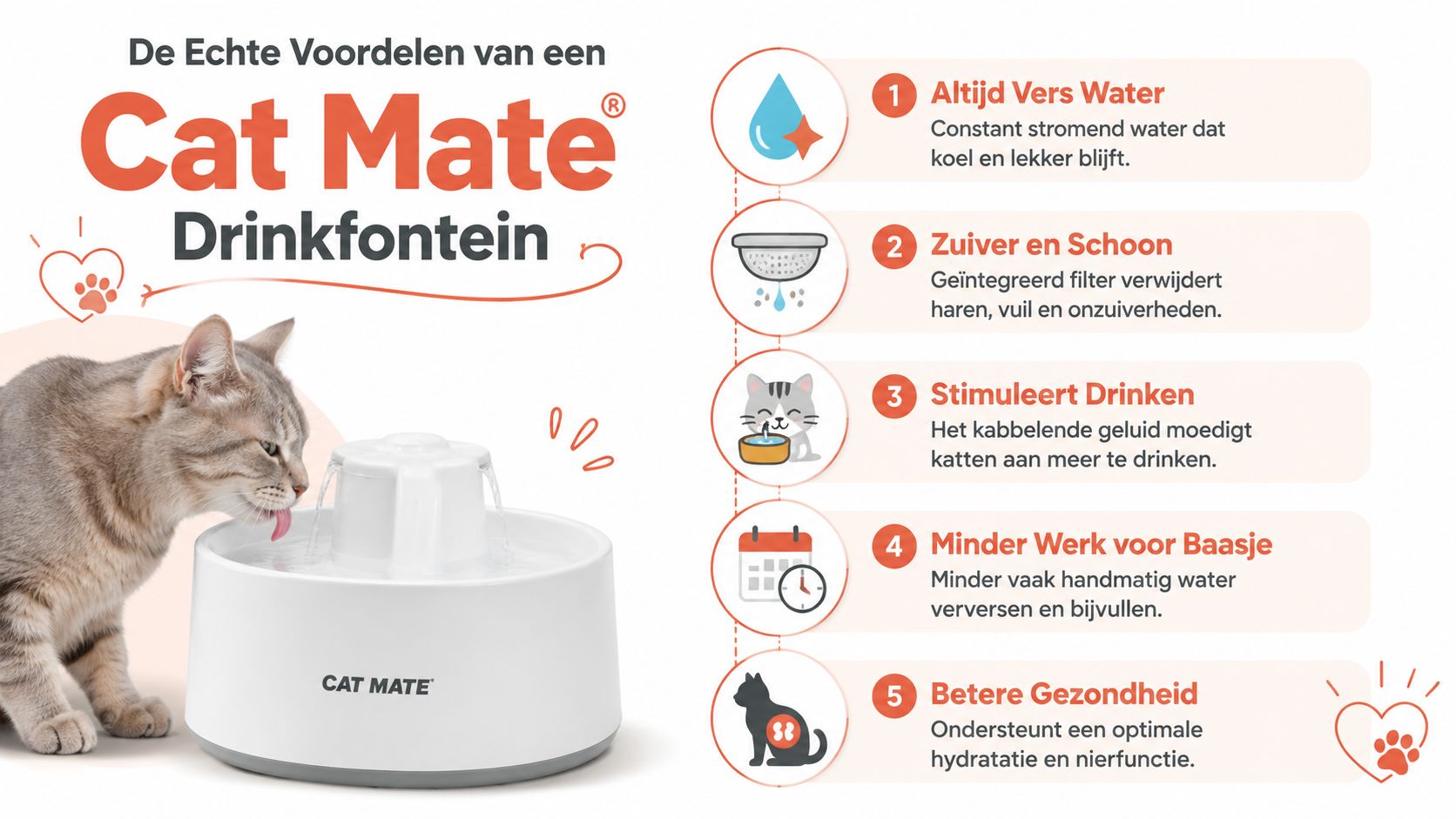 Een grijze kat die drinkt uit een witte Cat Mate drinkfontein met vijf genummerde voordelen in het Nederlands.