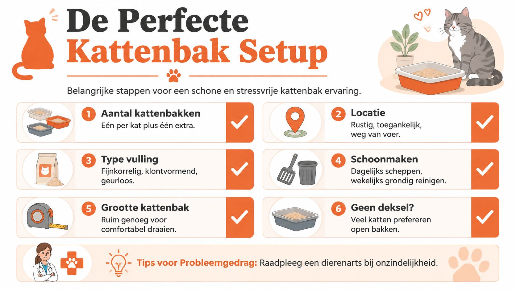 Een informatieve infografiek met zes essentiële tips voor een schone en stressvrije kattenbak ervaring voor je kat.