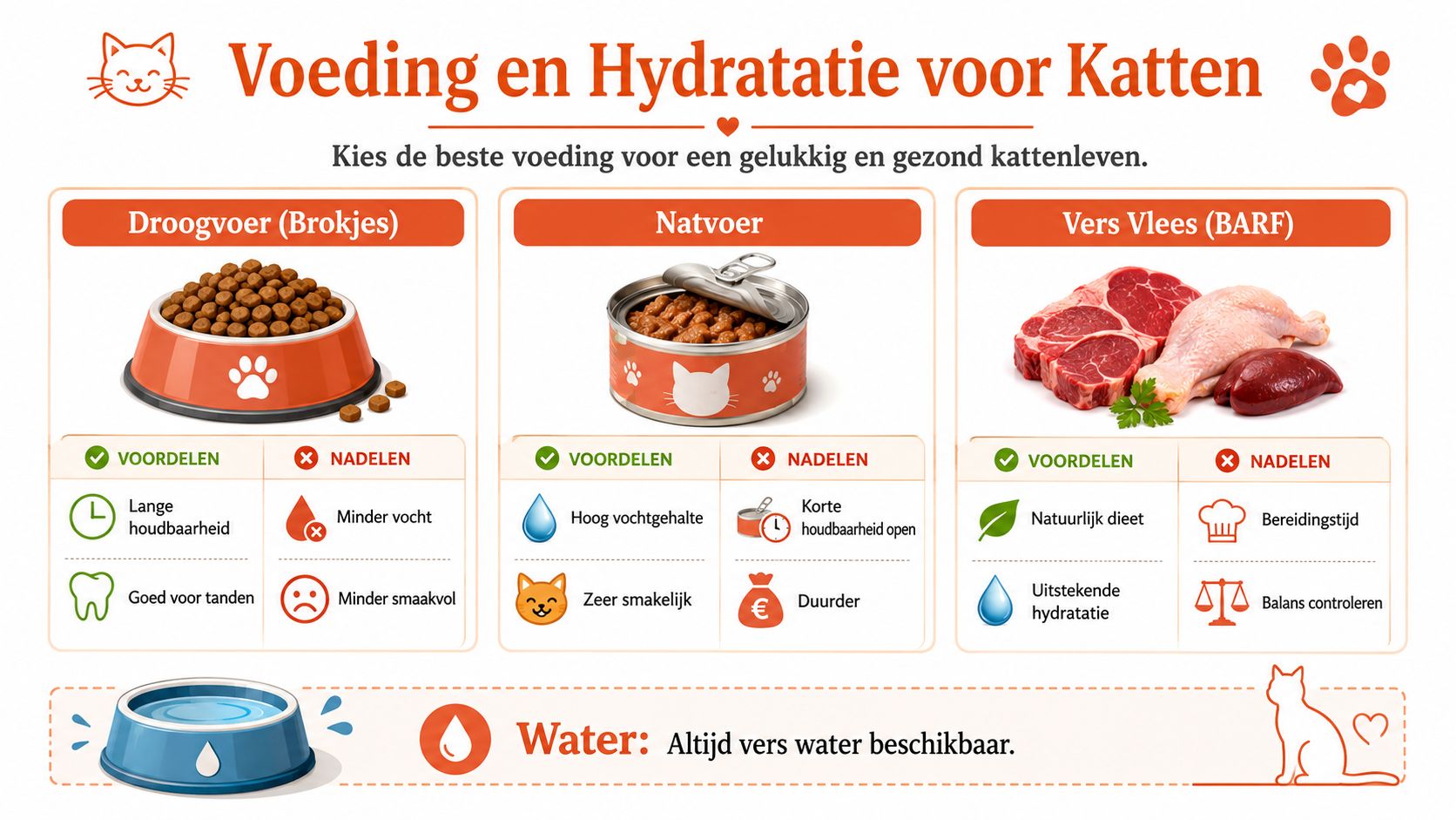 Een infografiek over voeding en hydratatie voor katten met droogvoer, natvoer en vers vlees (BARF).