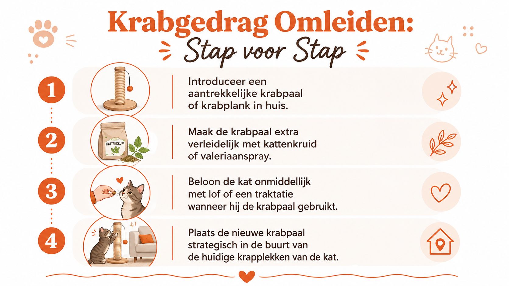 Een stappenplan in het Nederlands voor het omleiden van krabgedrag bij katten met behulp van krabpalen en beloningen.