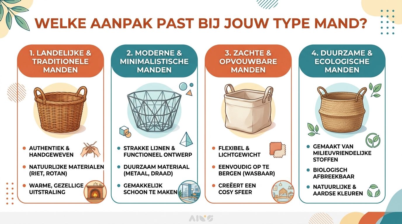 Een overzicht van vier verschillende soorten manden met kenmerken voor interieurstijl, materiaalgebruik en praktische voordelen voor thuisgebruik.