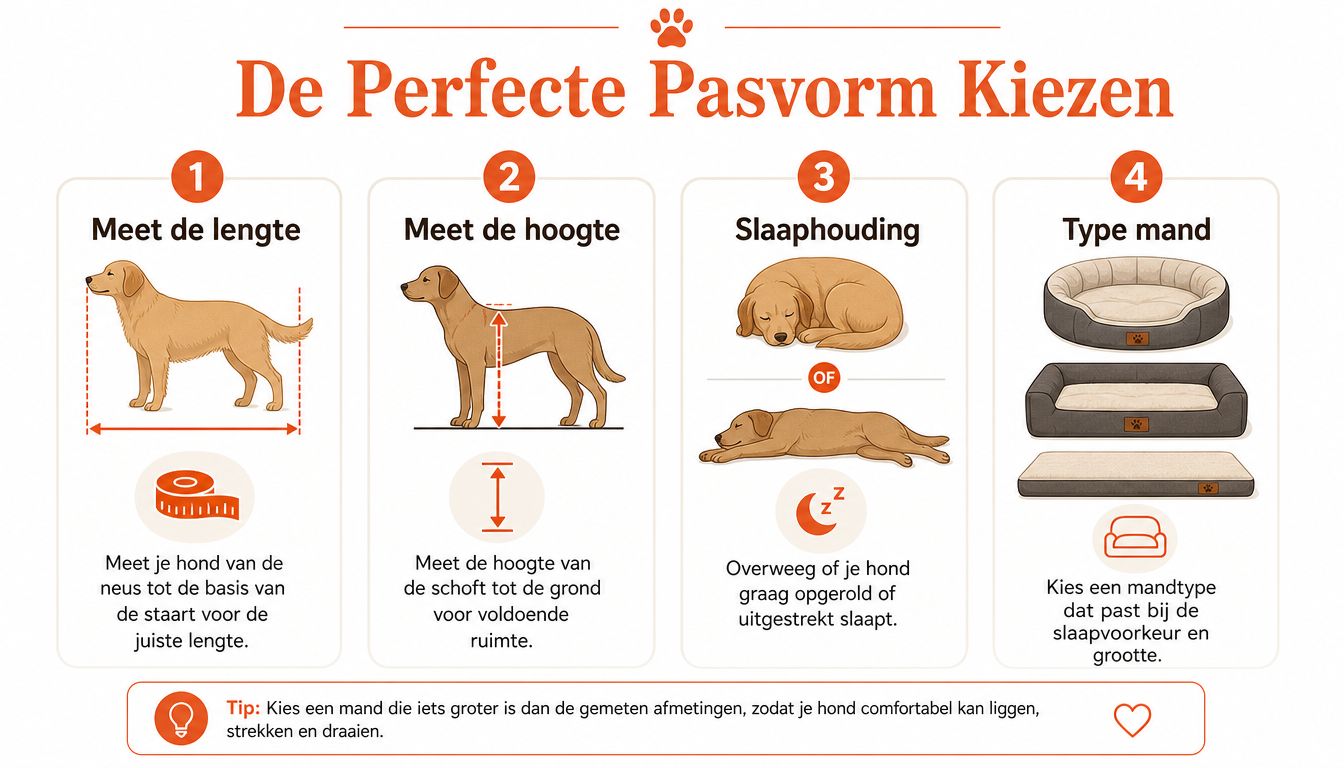 Een infographic die stappen toont om de juiste maat hondenmand voor je huisdier te bepalen.