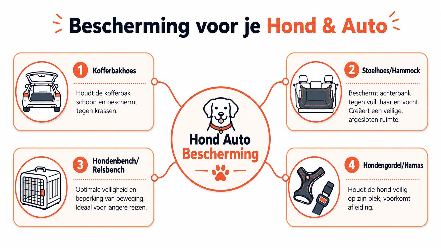 Een overzicht van vier essentiële beschermingsmiddelen voor honden in de auto, inclusief kofferbakhoezen, stoelhoezen, benches en gordels.