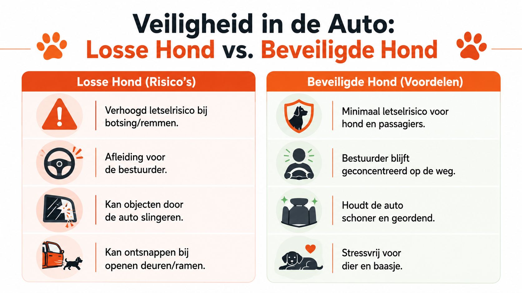 Een infographic die de veiligheidsrisico's van een losse hond in de auto vergelijkt met de voordelen van veiligheidsmaatregelen.