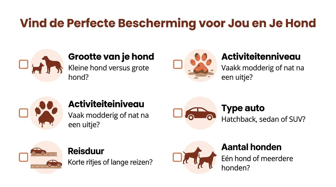 Een infographic die helpt de juiste autoverzorgingsproducten voor honden te kiezen op basis van verschillende criteria.