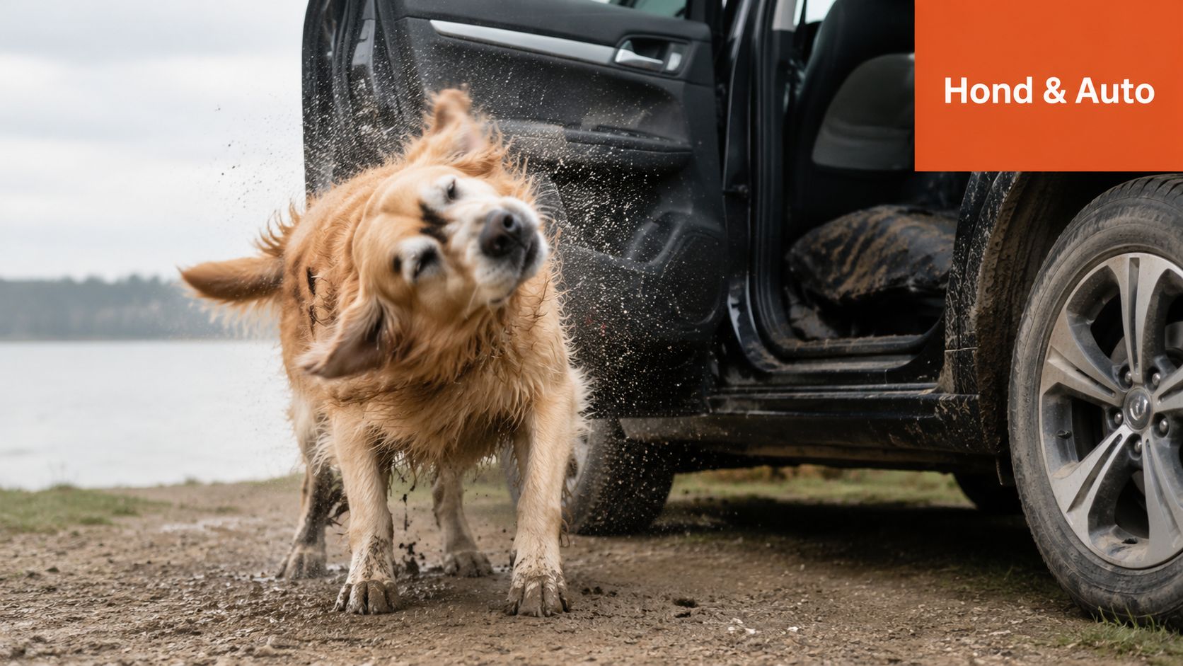 Een gouden retriever schudt zich nat af naast een zwarte auto op een modderige oever.