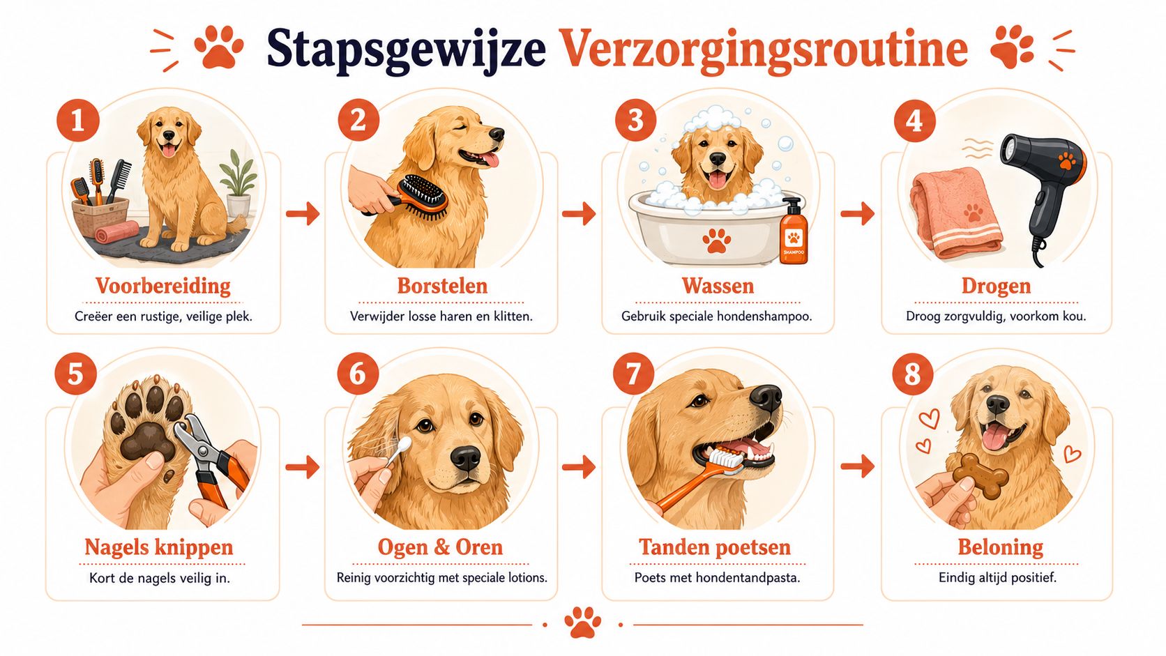 Een stapsgewijze handleiding voor het verzorgen van een hond, van borstelen tot wassen en tandenpoetsen.