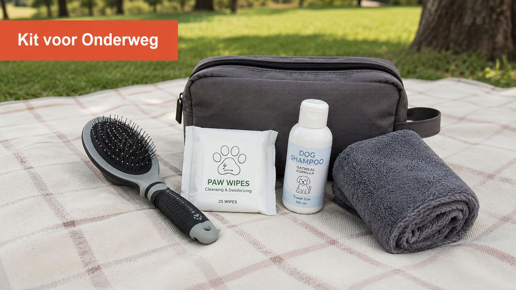 Een draagbare honden verzorgingsset met shampoo, een borstel, doekjes en een handdoek op een picknickkleed in het park.