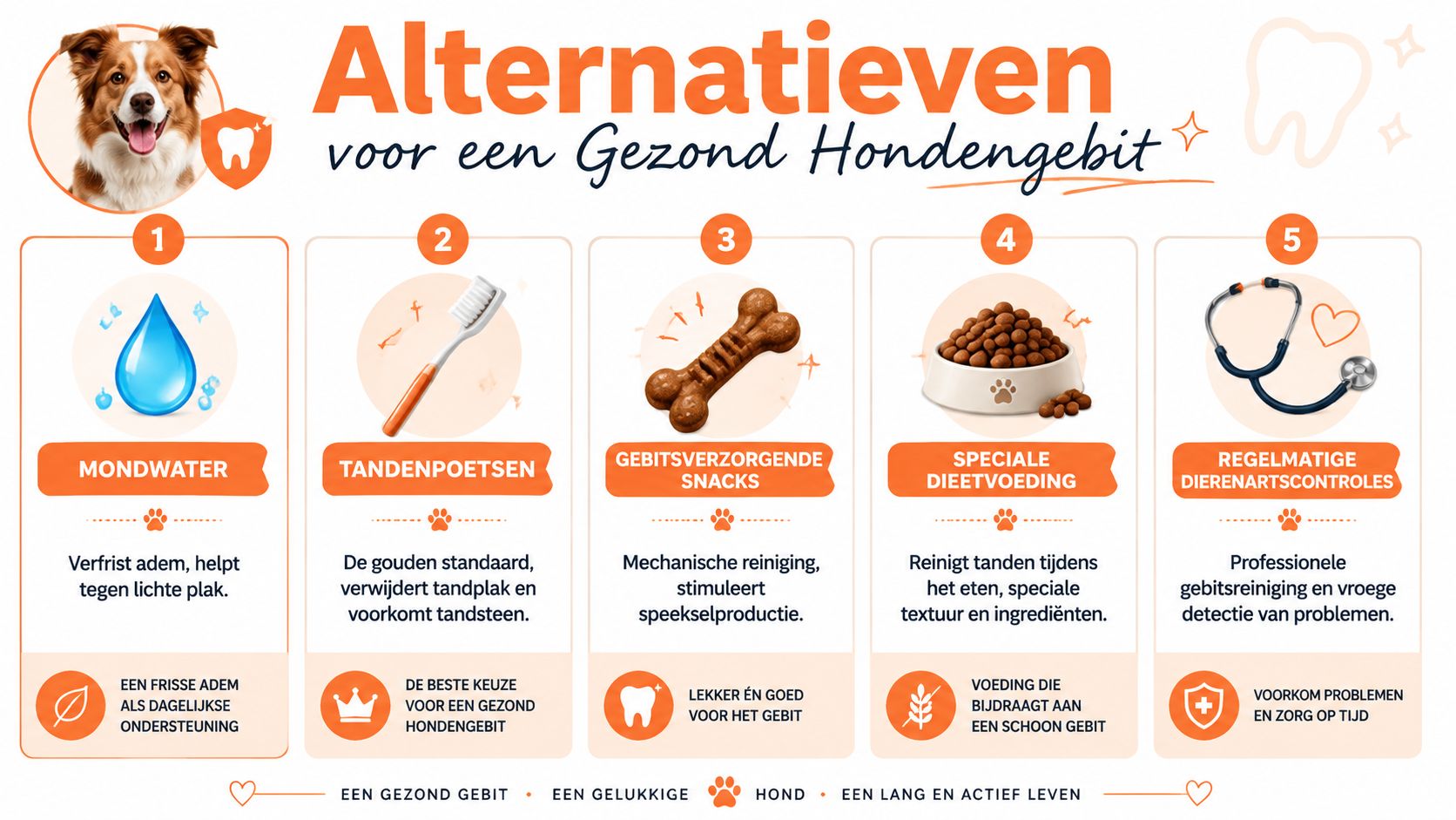 Een overzicht van vijf alternatieven voor een gezond hondengebit, zoals tandenpoetsen, mondwater en professionele controles.