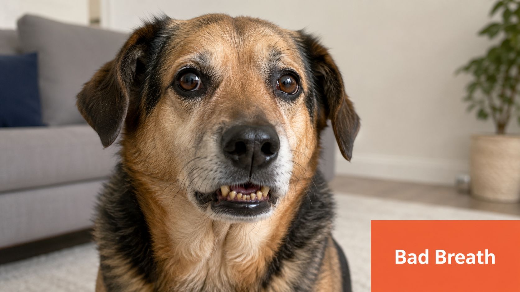 Een hond met zichtbare tanden en tandsteenproblemen kijkt de camera in met een serieuze blik.