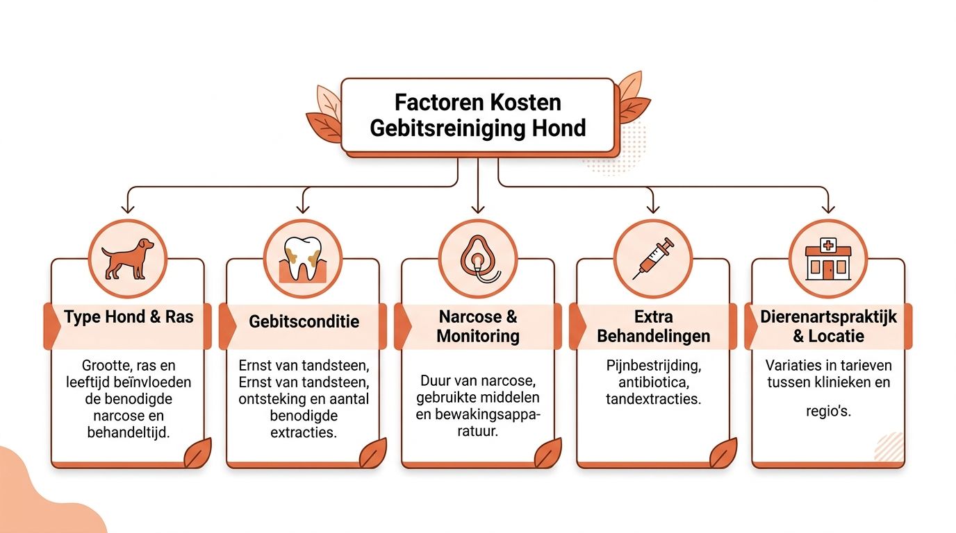 Een overzicht van factoren die de kosten van gebitsreiniging bij honden kunnen beïnvloeden, zoals ras en gebitsconditie.