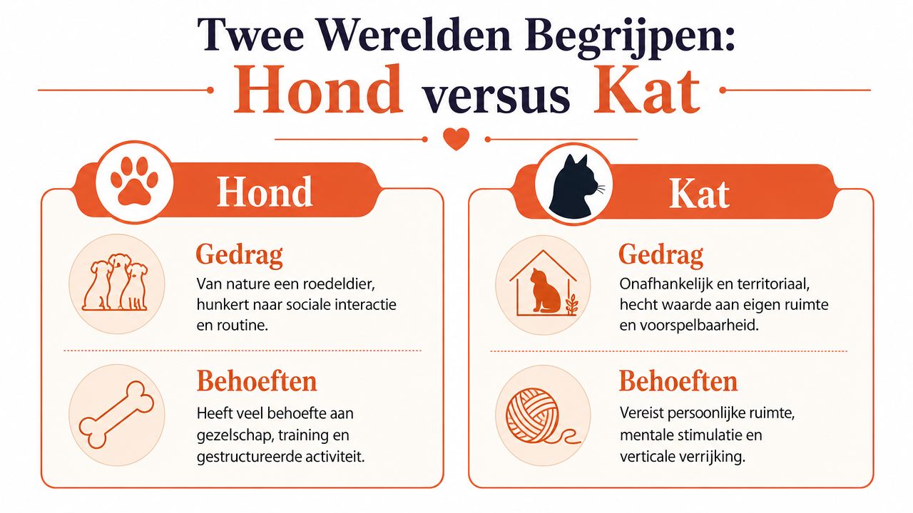 Een informatieve infographic die de fundamentele verschillen in gedrag en behoeften tussen honden en katten vergelijkt.