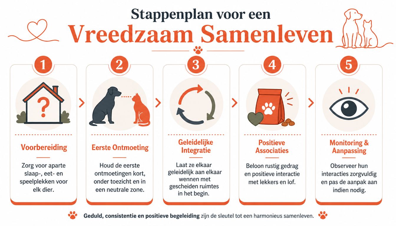 Een stappenplan voor een vredig samenleven tussen honden en katten met vijf stappen en handige tips.
