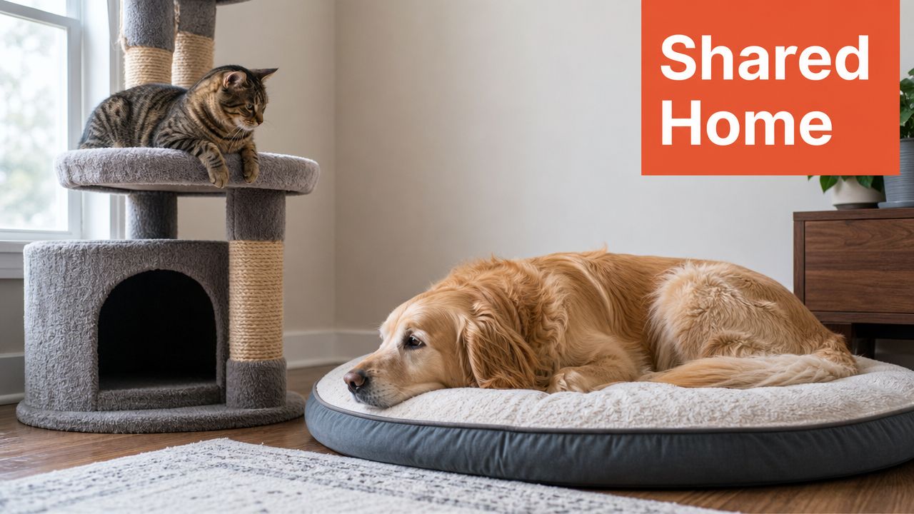 Een rustige hond ligt op een zachte mand terwijl een kat toekijkt vanaf een krabpaal in huis.