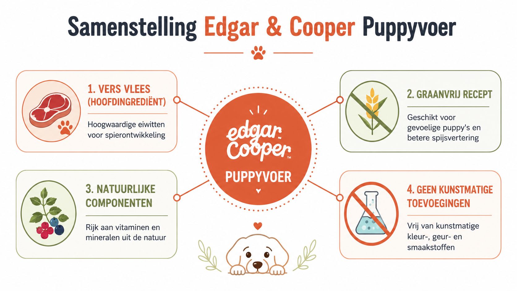 Een overzicht van de gezonde bestanddelen van Edgar & Cooper puppyvoer met natuurlijke ingrediënten en vers vlees.
