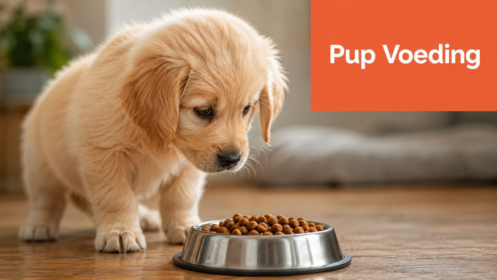Een schattige puppy kijkt aandachtig naar een metalen voerbak gevuld met droge hondenbrokjes op een houten vloer.