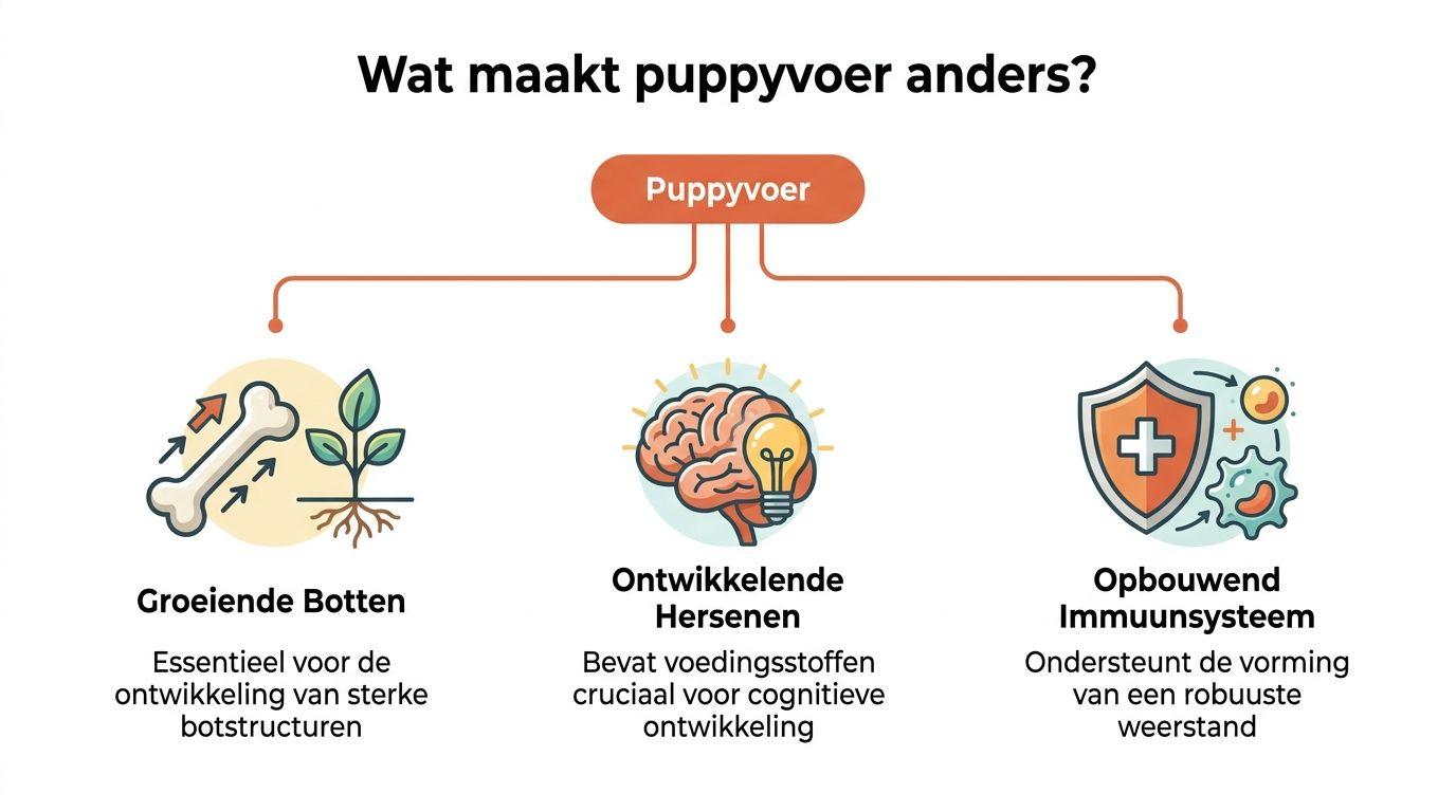 Een infographic die toont waarom puppyvoer essentieel is voor botten, hersenontwikkeling en het immuunsysteem van jonge honden.