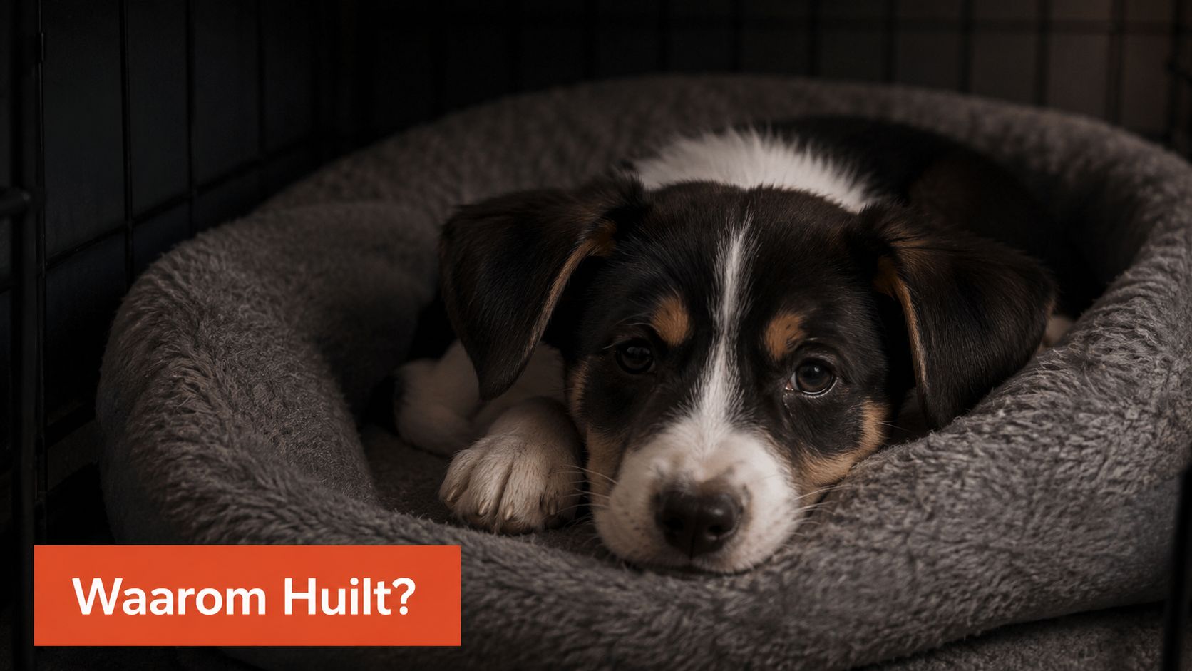 Een verdrietige puppy ligt alleen in zijn zachte hondenmand in een bench tijdens de eerste nacht.