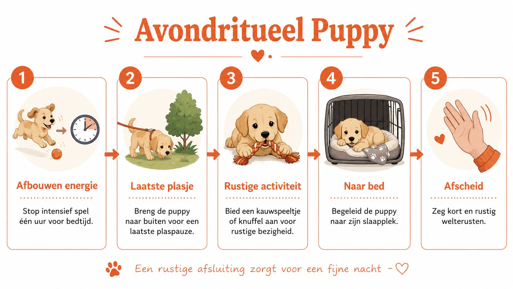 Een stappenplan voor een rustig avondritueel met een puppy om de nacht goed door te komen.