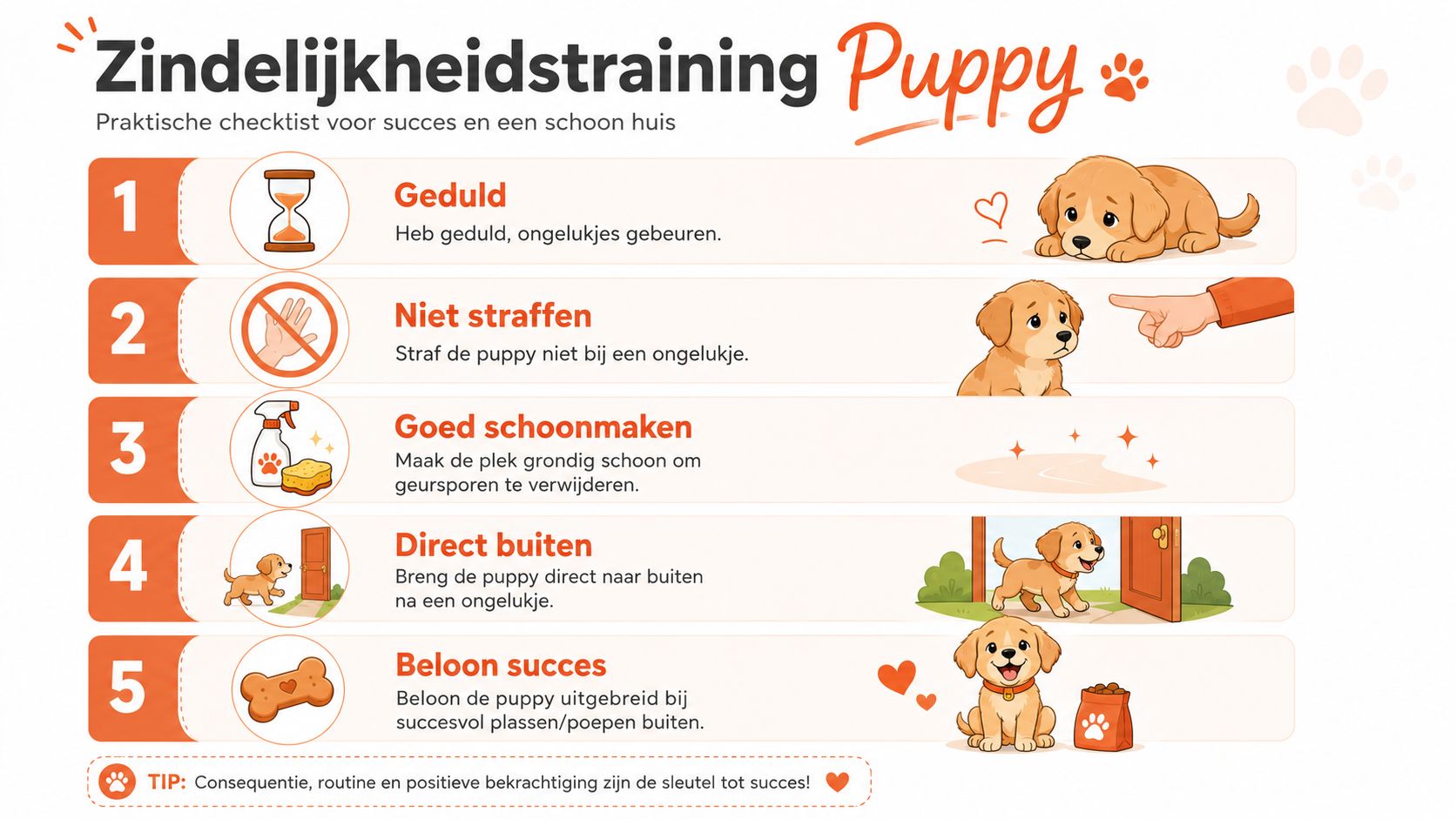 Een informatieve infographic met vijf stappen voor effectieve zindelijkheidstraining van een puppy in een huiselijke omgeving.
