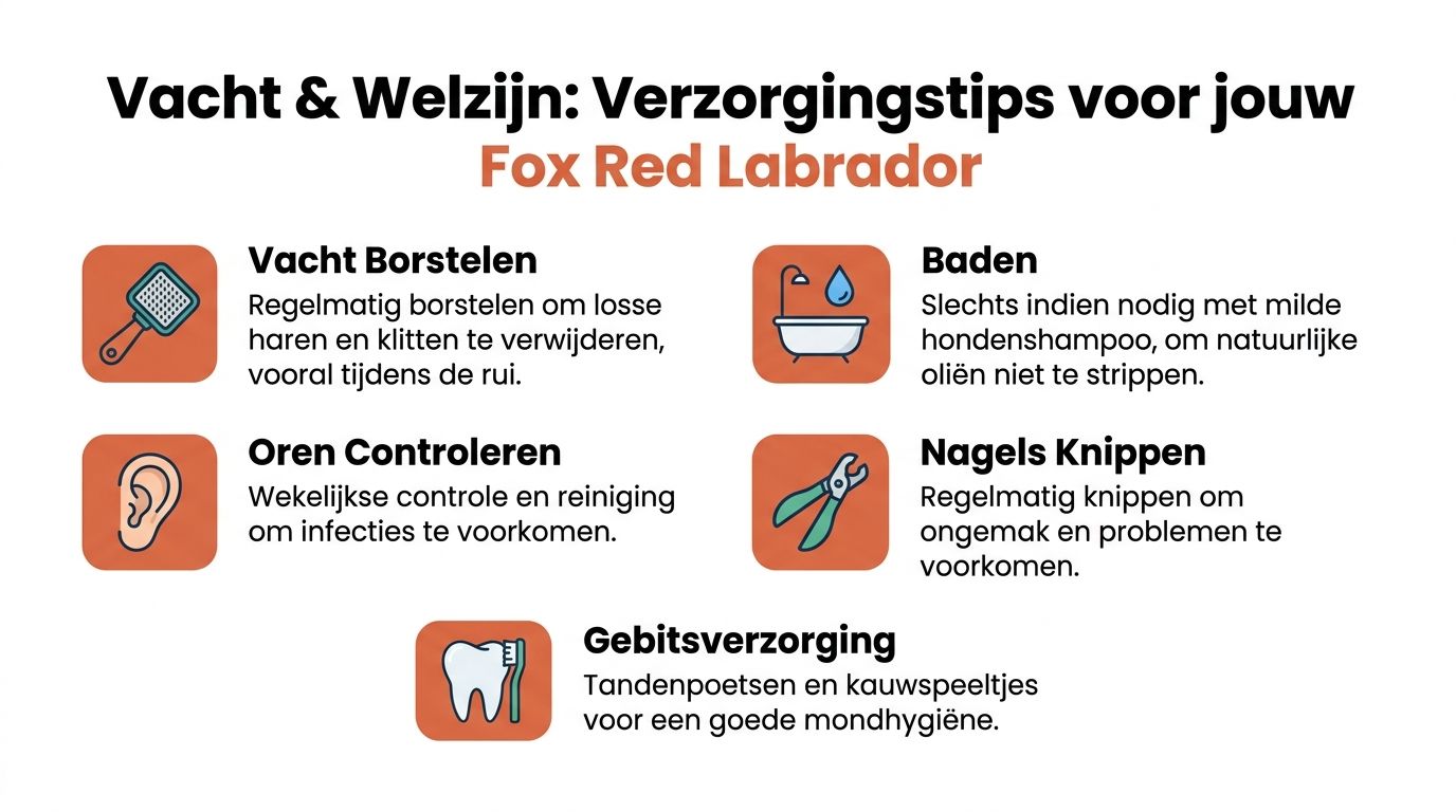 Een infographic met verzorgingstips voor een Fox Red Labrador, inclusief borstelen, baden, oorcontrole, nagels knippen en gebitsverzorging.