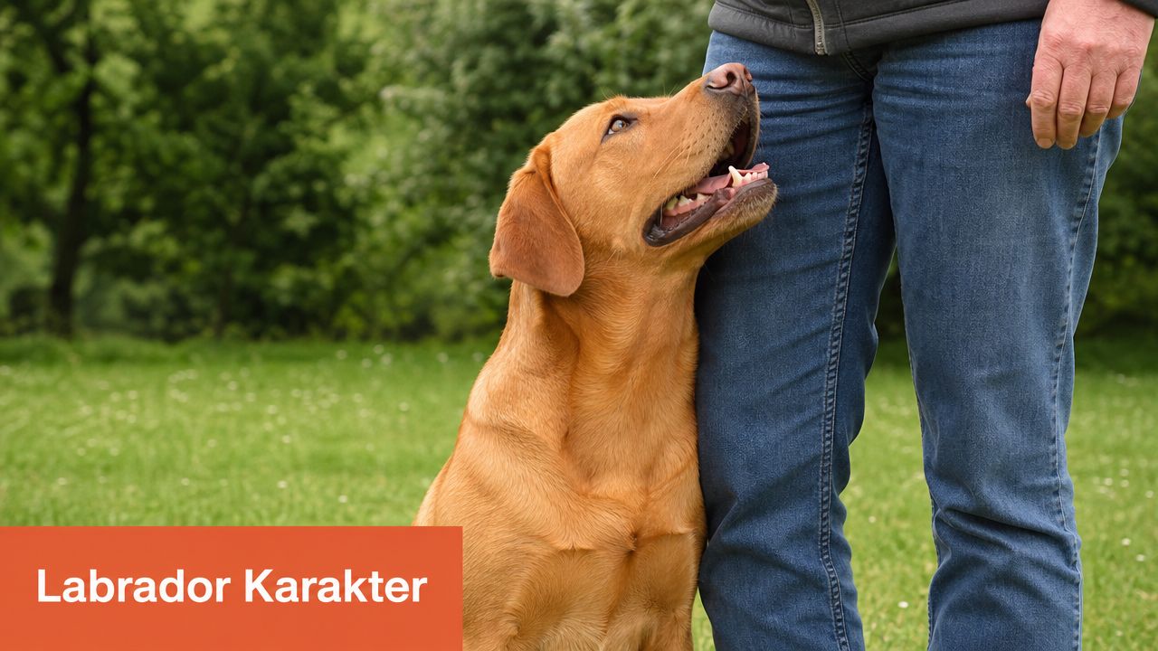 Een vrolijke fox red Labrador Retriever kijkt liefdevol omhoog naar zijn eigenaar tijdens een wandeling in het gras.