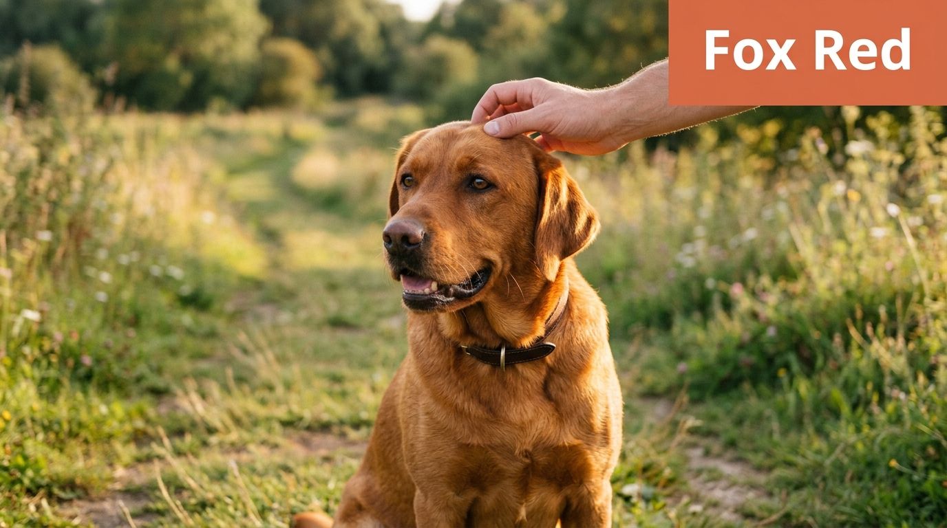 Een menselijke hand aait de kop van een vriendelijke fox red labrador retriever in een groen grasveld.
