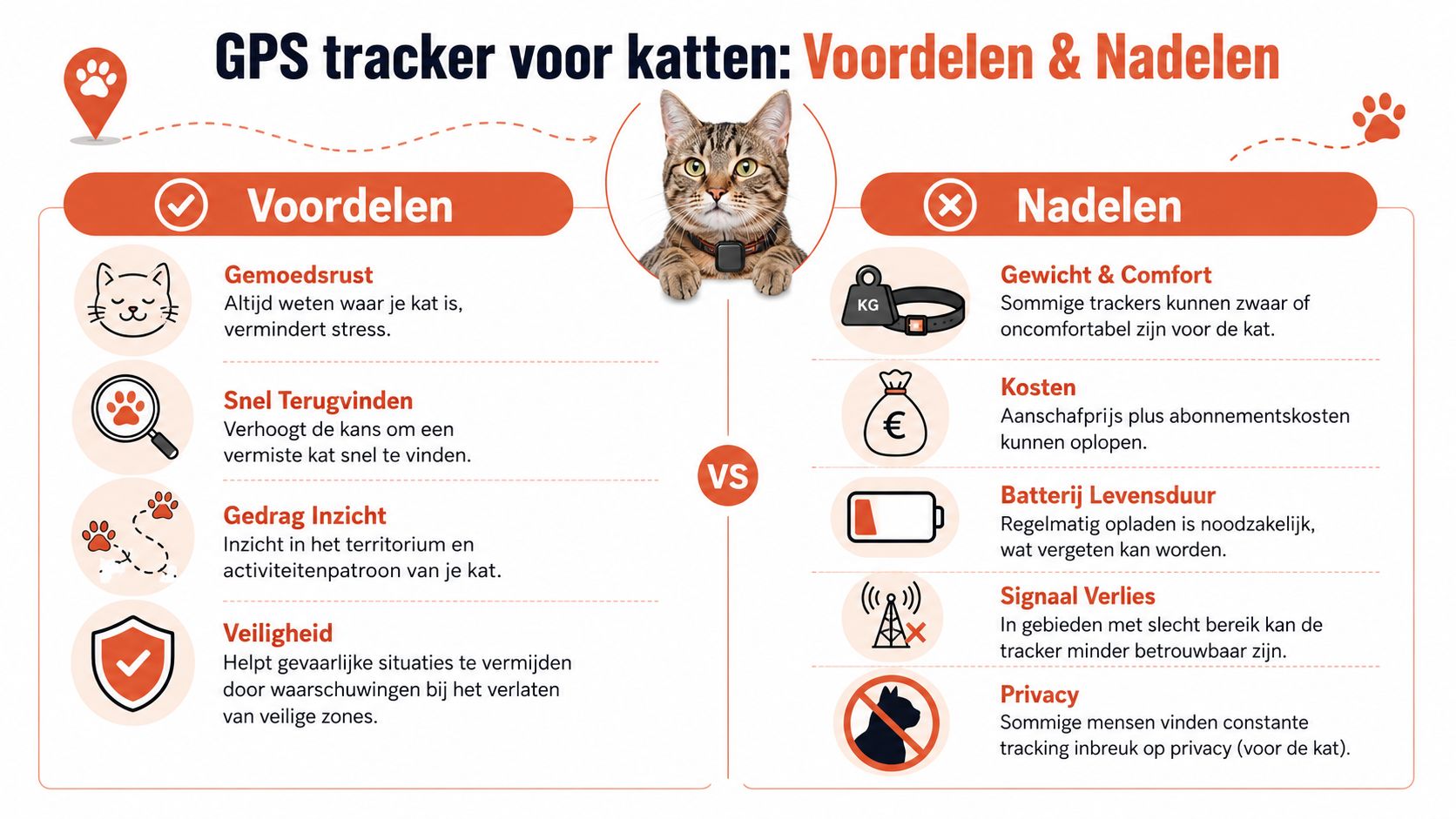 Een infographic met de voordelen en nadelen van het gebruik van een GPS tracker voor katten.