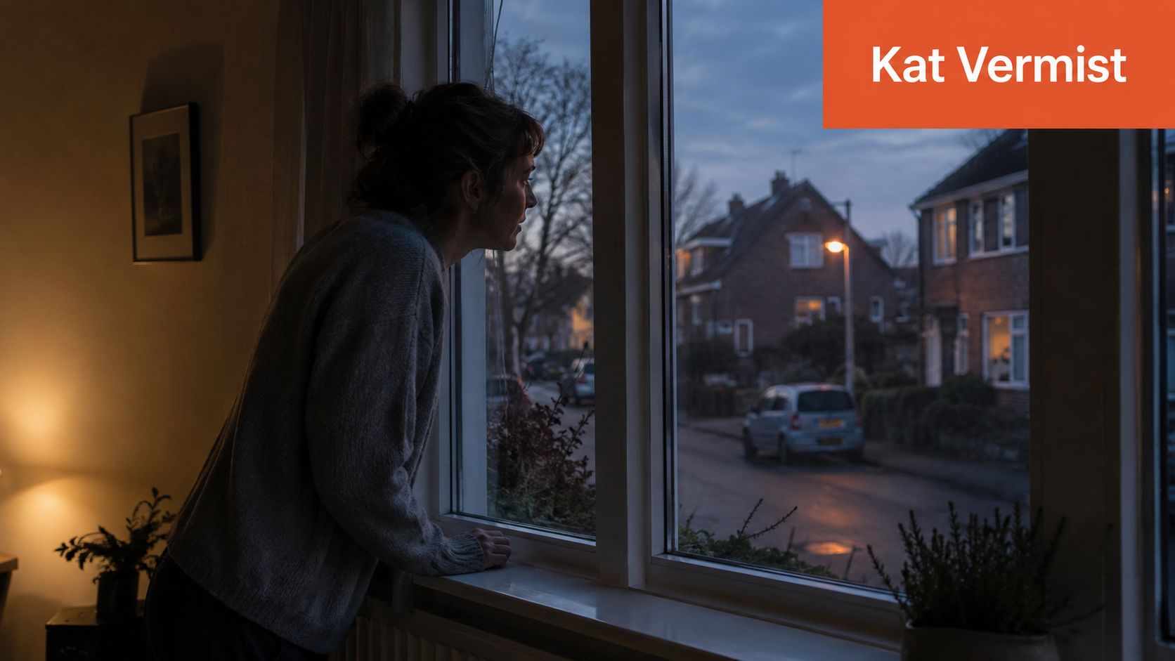 Een vrouw kijkt bezorgd uit het raam naar buiten in de schemering op zoek naar haar kat.
