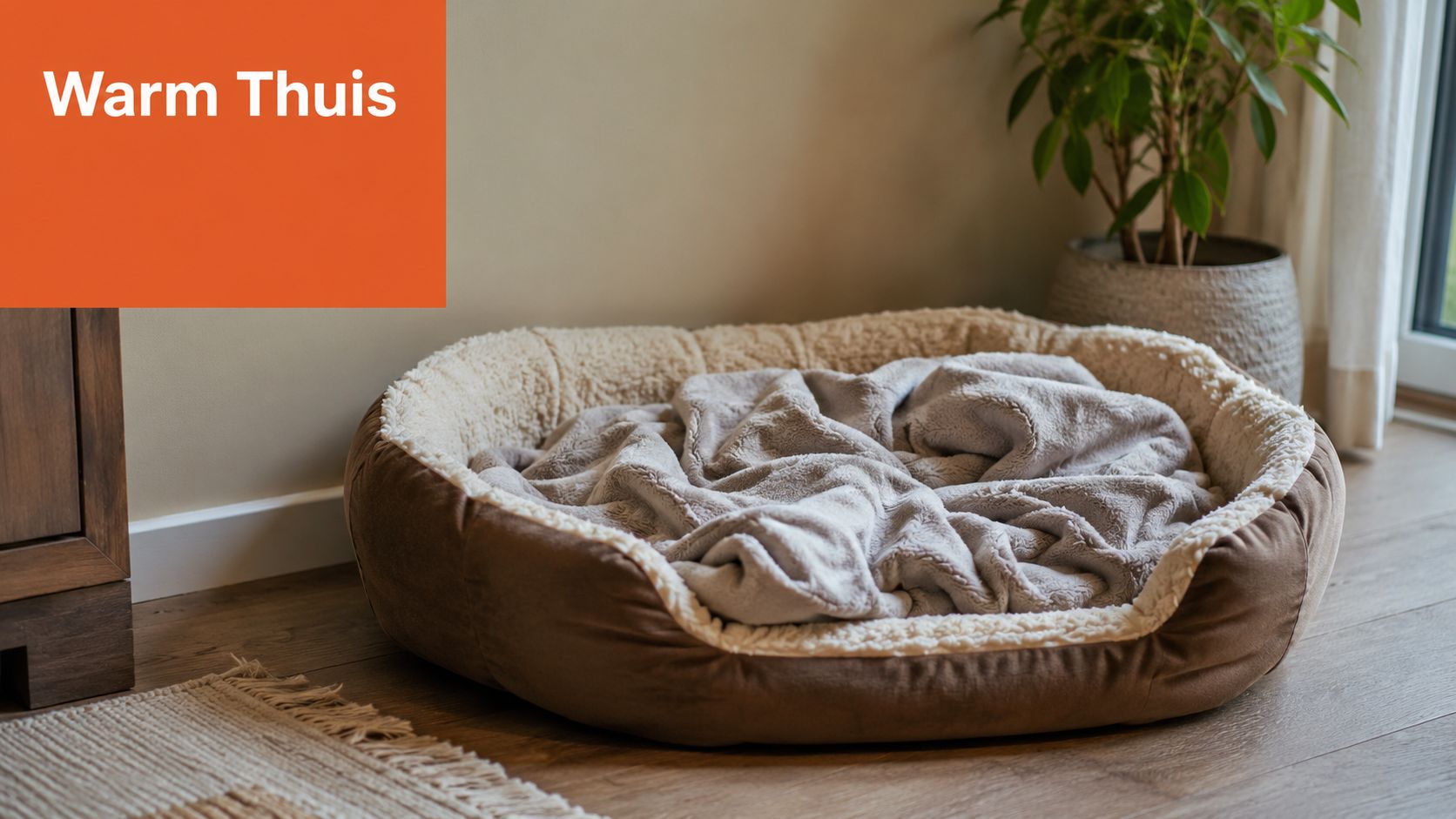 Een knusse hondenmand met een zachte deken in een warm en gezellig ingericht woonkamerinterieur.