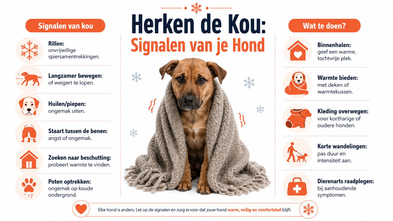 Informatieve infographic die laat zien hoe je symptomen van kou bij honden herkent en helpt.
