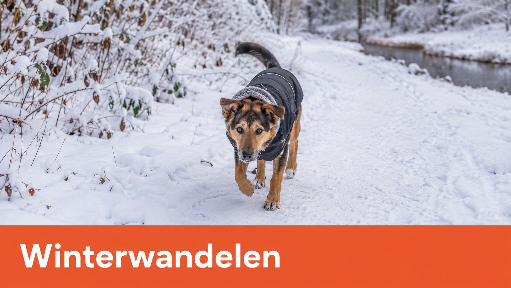 Een hond met een jas aan die door een besneeuwd winterlandschap wandelt op een koud pad.