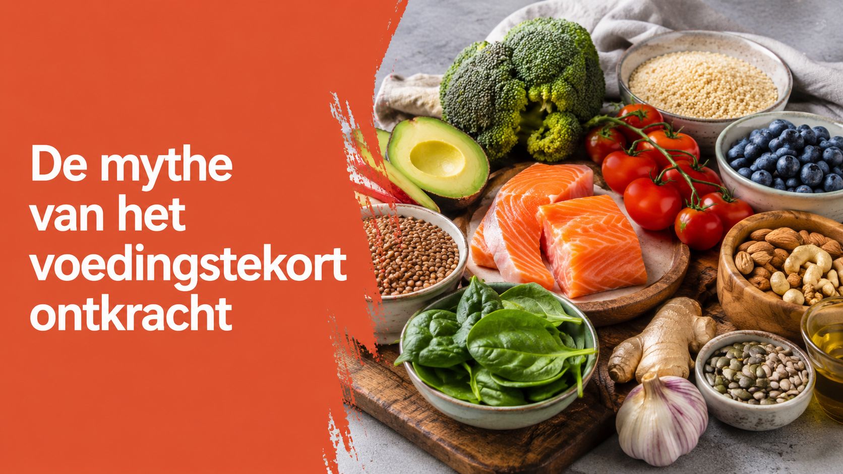 Een assortiment gezonde voedingsmiddelen zoals zalm, broccoli, spinazie en noten op een houten plank gerangschikt.