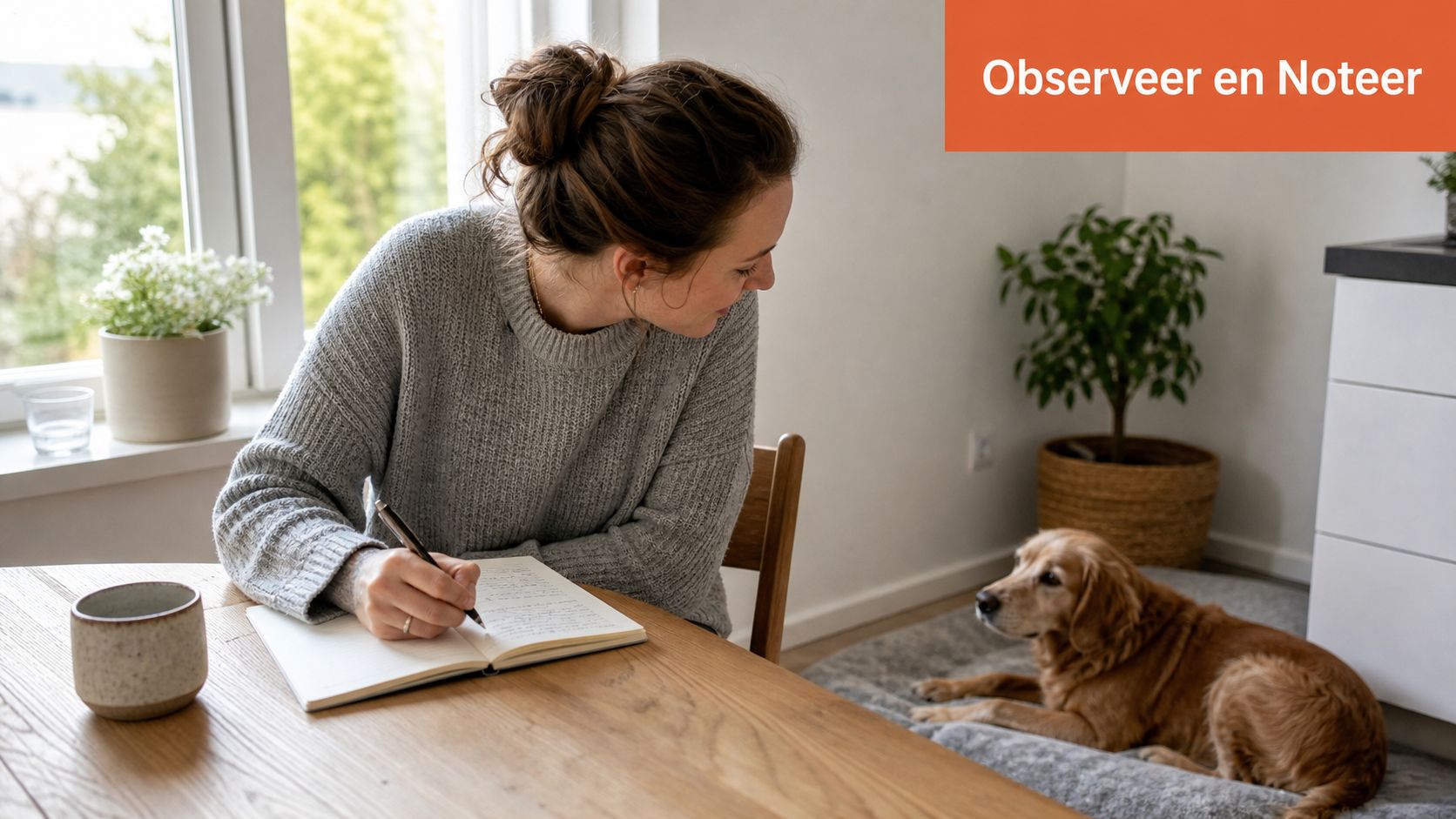 Een vrouw schrijft in een notitieboekje aan tafel terwijl haar hond rustig op de grond ligt te kijken.