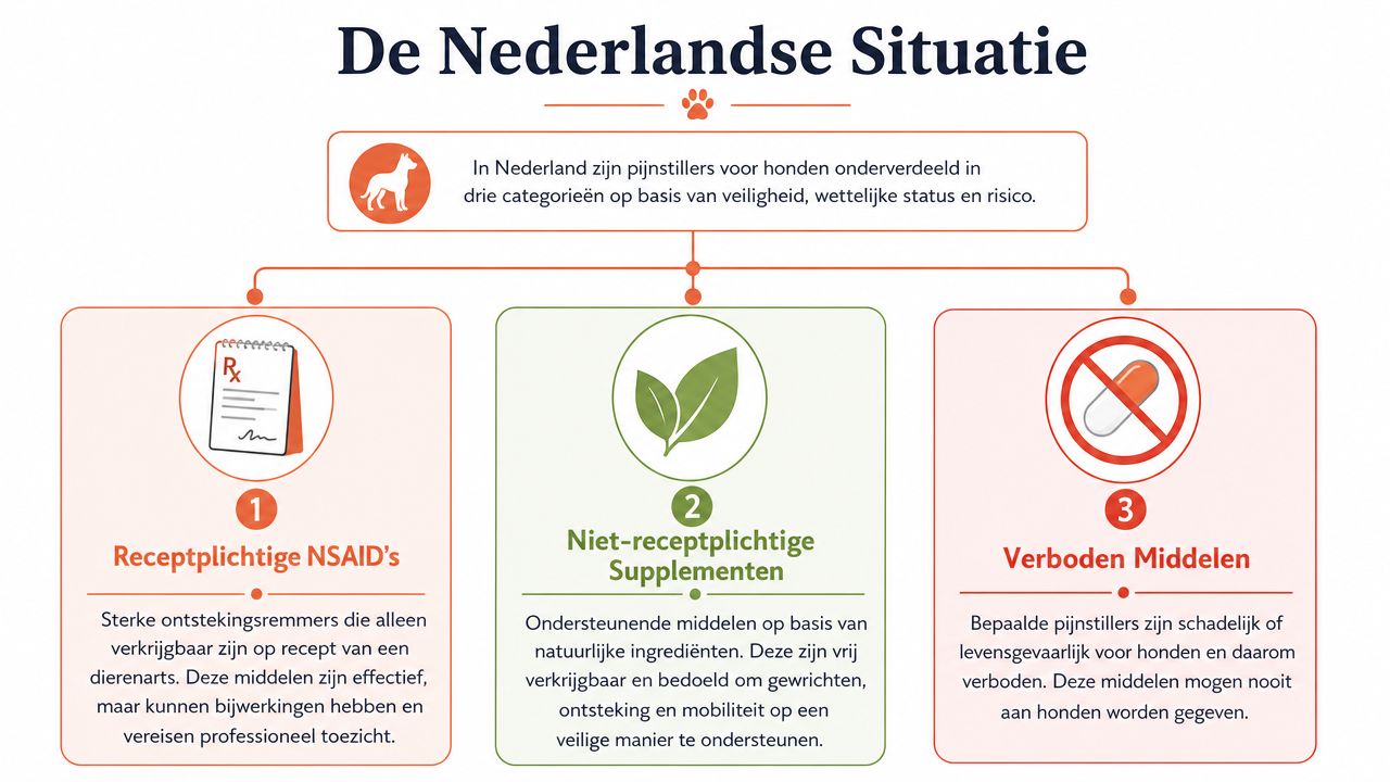 Een overzicht in drie categorieën van pijnbestrijding voor honden in Nederland, inclusief medicatie en supplementen.