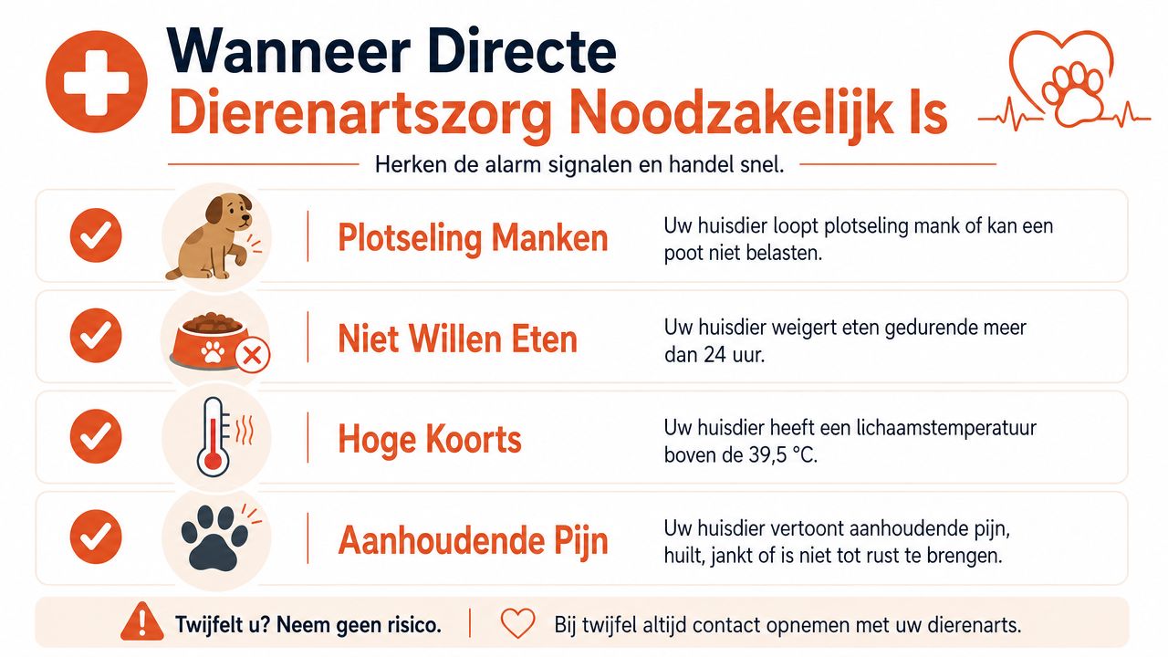 Een informatieve infographic in het Nederlands over wanneer directe veterinaire zorg noodzakelijk is voor uw huisdier.