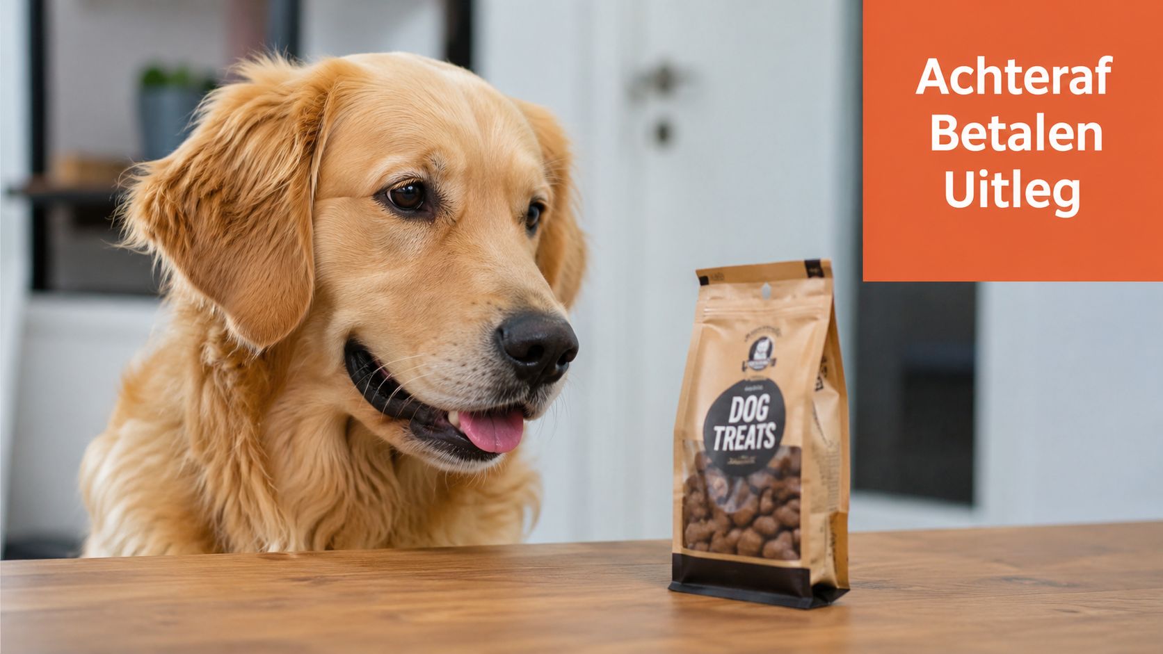 Een vrolijke Golden Retriever kijkt verlangend naar een zakje hondensnoepjes op een houten tafel.