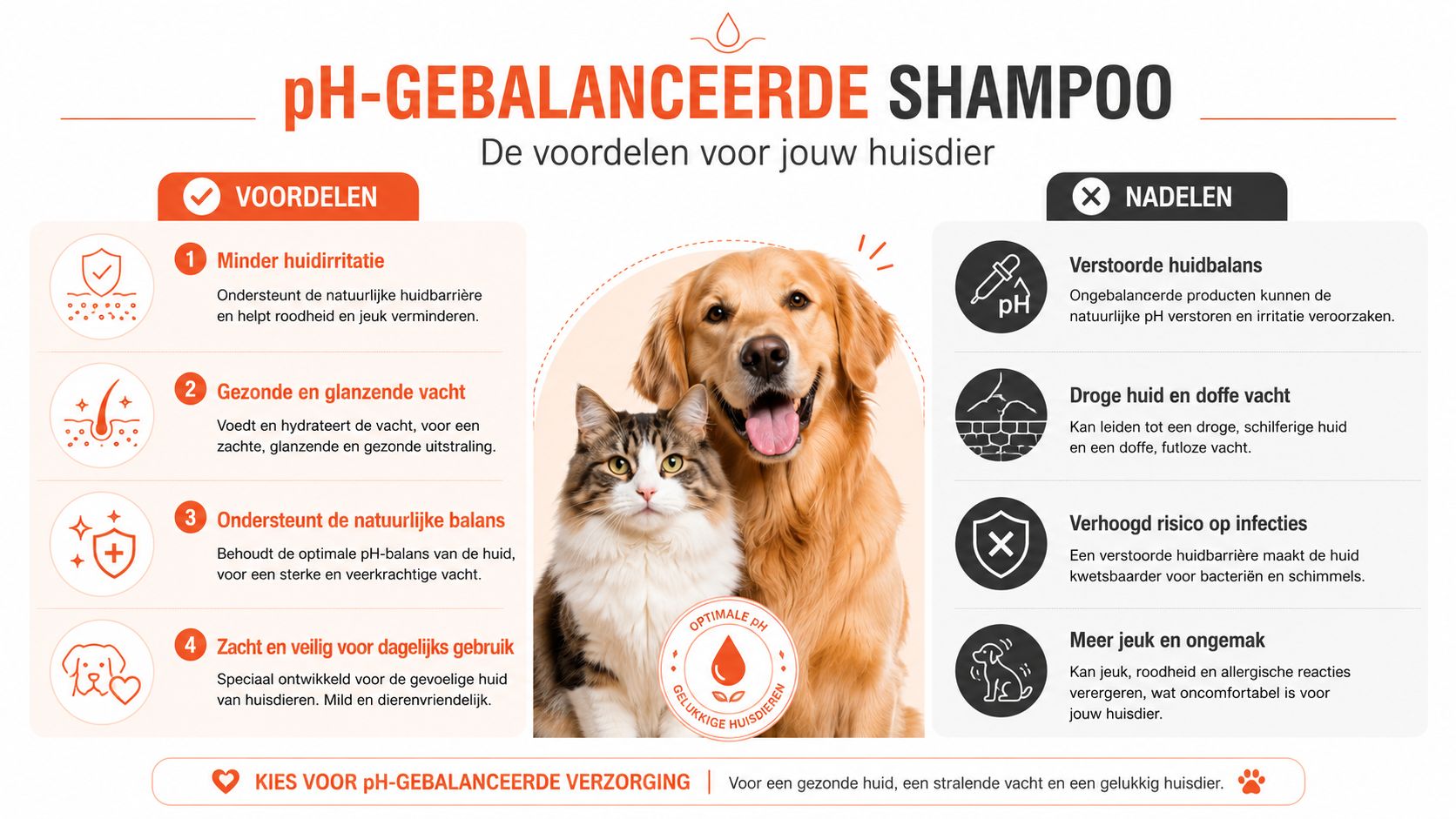 Een infographic over de voordelen van pH-gebalanceerde shampoo voor honden en katten voor een gezonde huid.