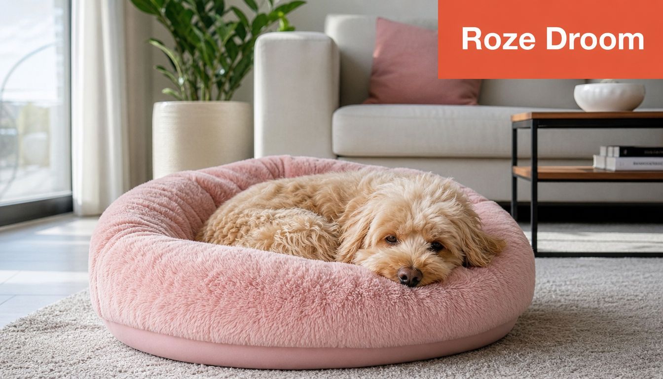 Een pluizige roze hondenmand met een schattige hond die rustig in de woonkamer ligt te slapen.