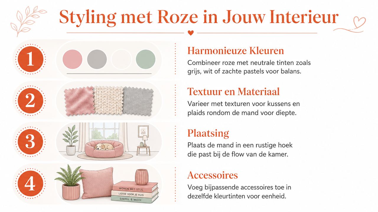 Een informatieve afbeelding met vier stijltips voor het integreren van een roze hondenmand in je interieurontwerp.