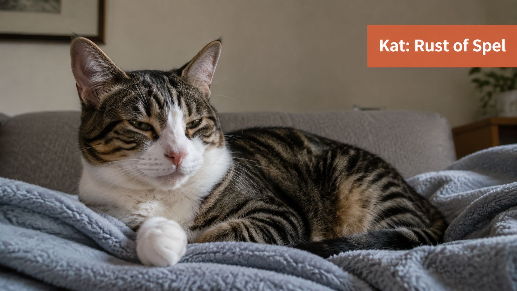 Een gestreepte kat ligt ontspannen op een zachte grijze deken op een bank in de woonkamer.