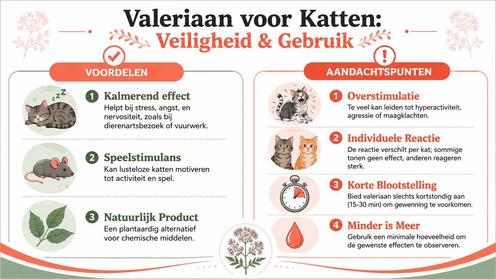 Een informatieve infographic over de voordelen, veiligheid en het gebruik van valeriaan voor katten.