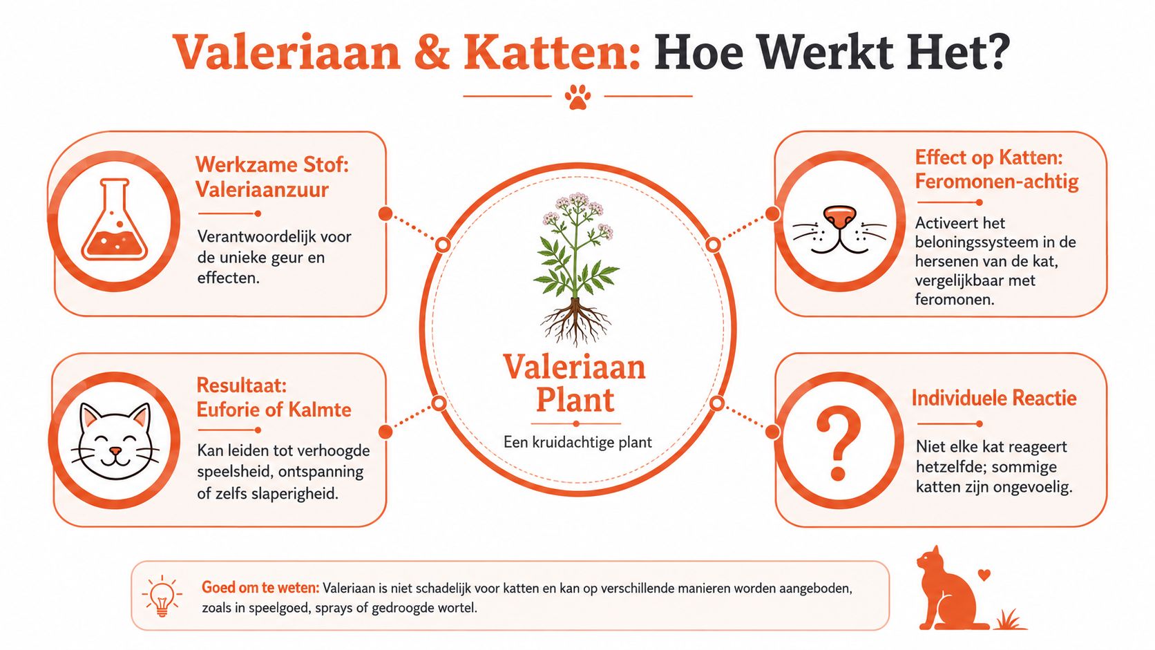 Een informatieve infographic die uitlegt hoe de Valeriaan plant invloed heeft op het gedrag van katten.