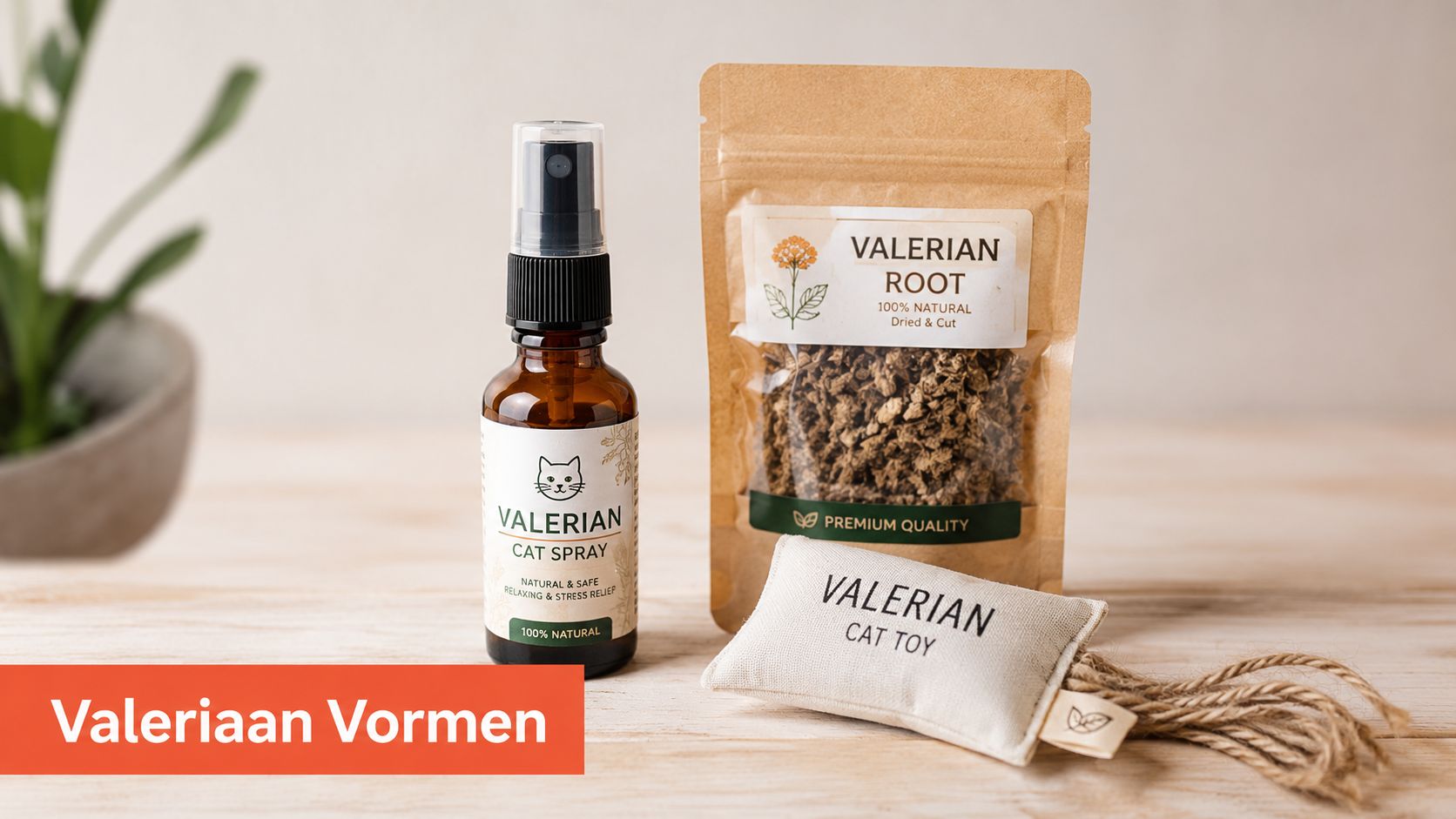 Een set valeriaanproducten voor katten, inclusief een spray, gedroogde wortels in een zakje en een kattenspeeltje.