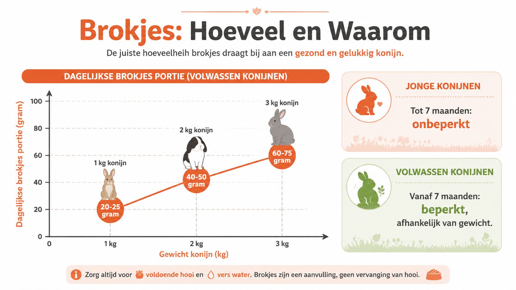 Een infographic die de dagelijkse aanbevolen hoeveelheid brokjes voor konijnen op basis van hun gewicht weergeeft.