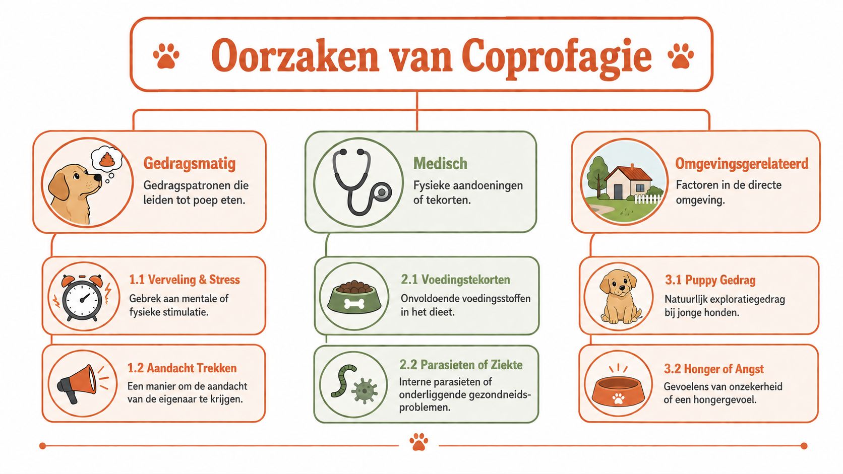 Een overzichtelijk schema met de verschillende oorzaken van coprofagie, ofwel poep eten, bij honden en puppy's.