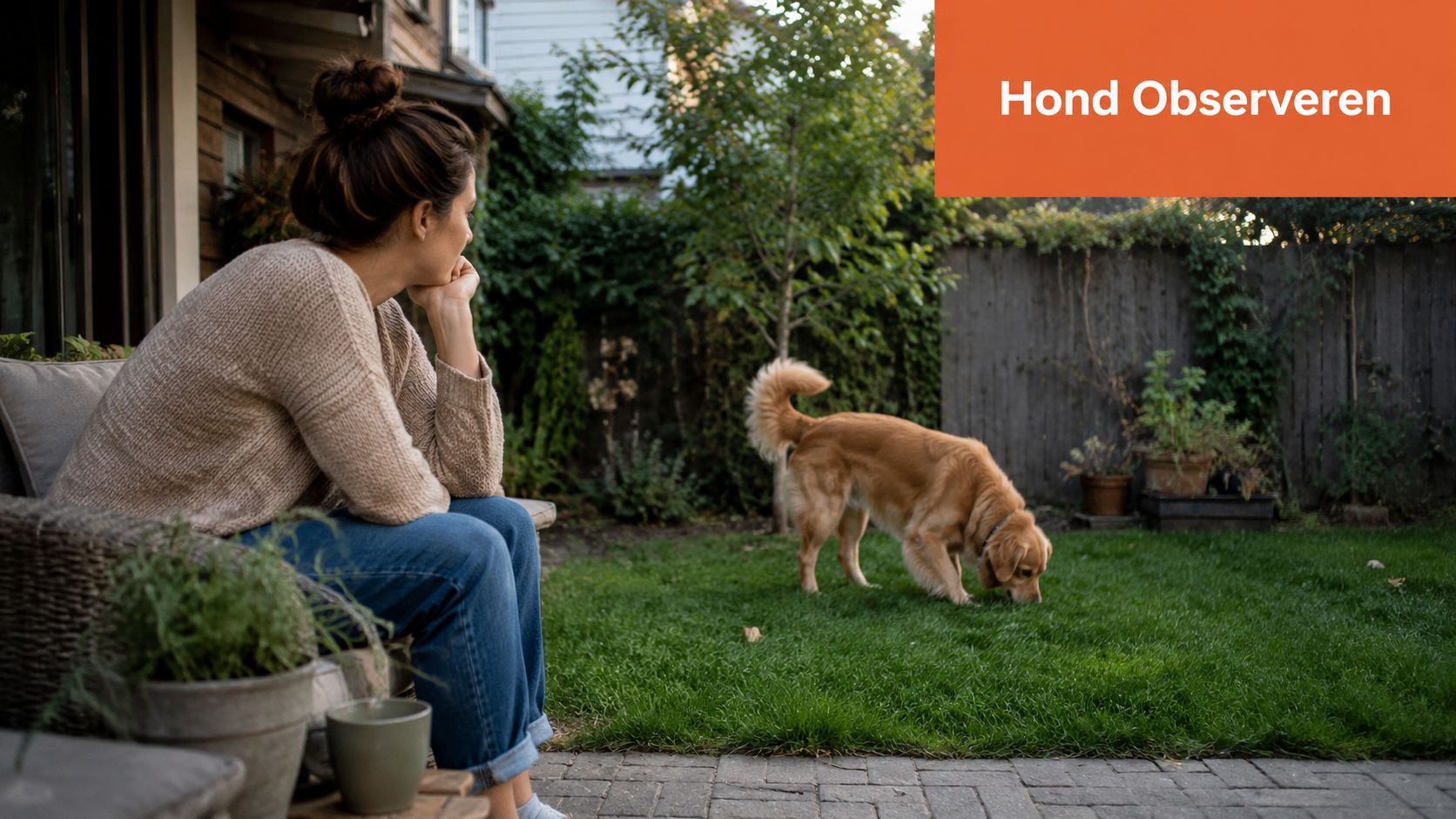 Een vrouw kijkt vanuit een stoel in de tuin naar haar hond die in het gras snuffelt.
