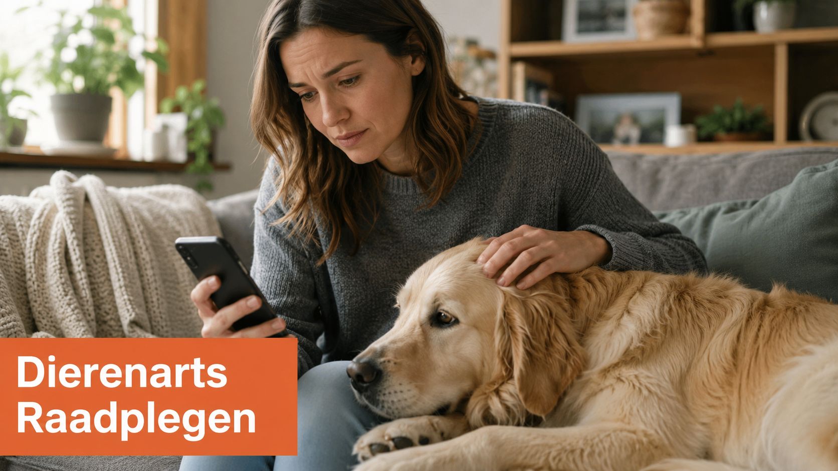Een bezorgde vrouw zit op de bank met haar hond en kijkt naar haar smartphone.